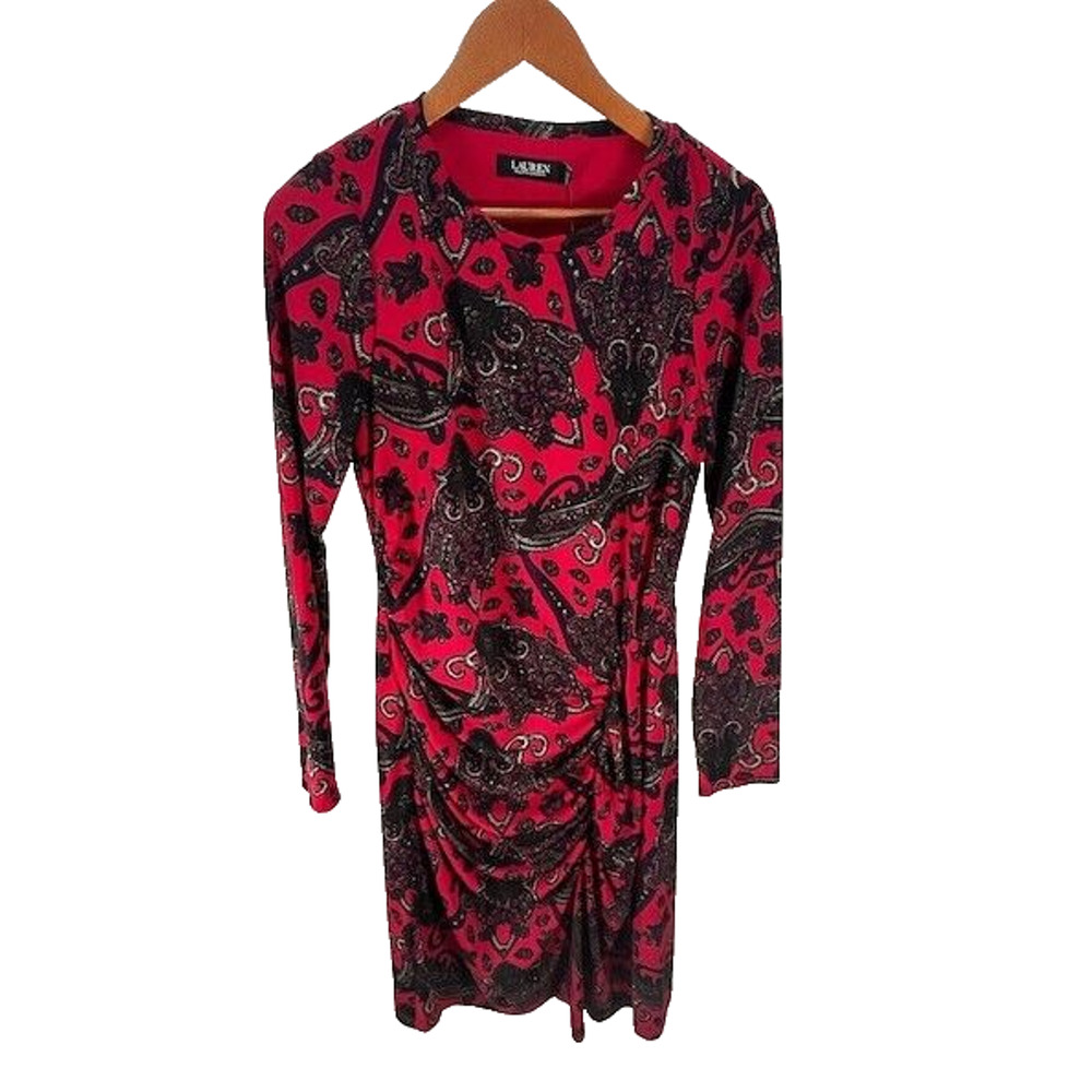 NWT Lauren Ralph Lauren Sheath Dress Paisley Jersey Long Sleeeve Red Multi Sz 6‎